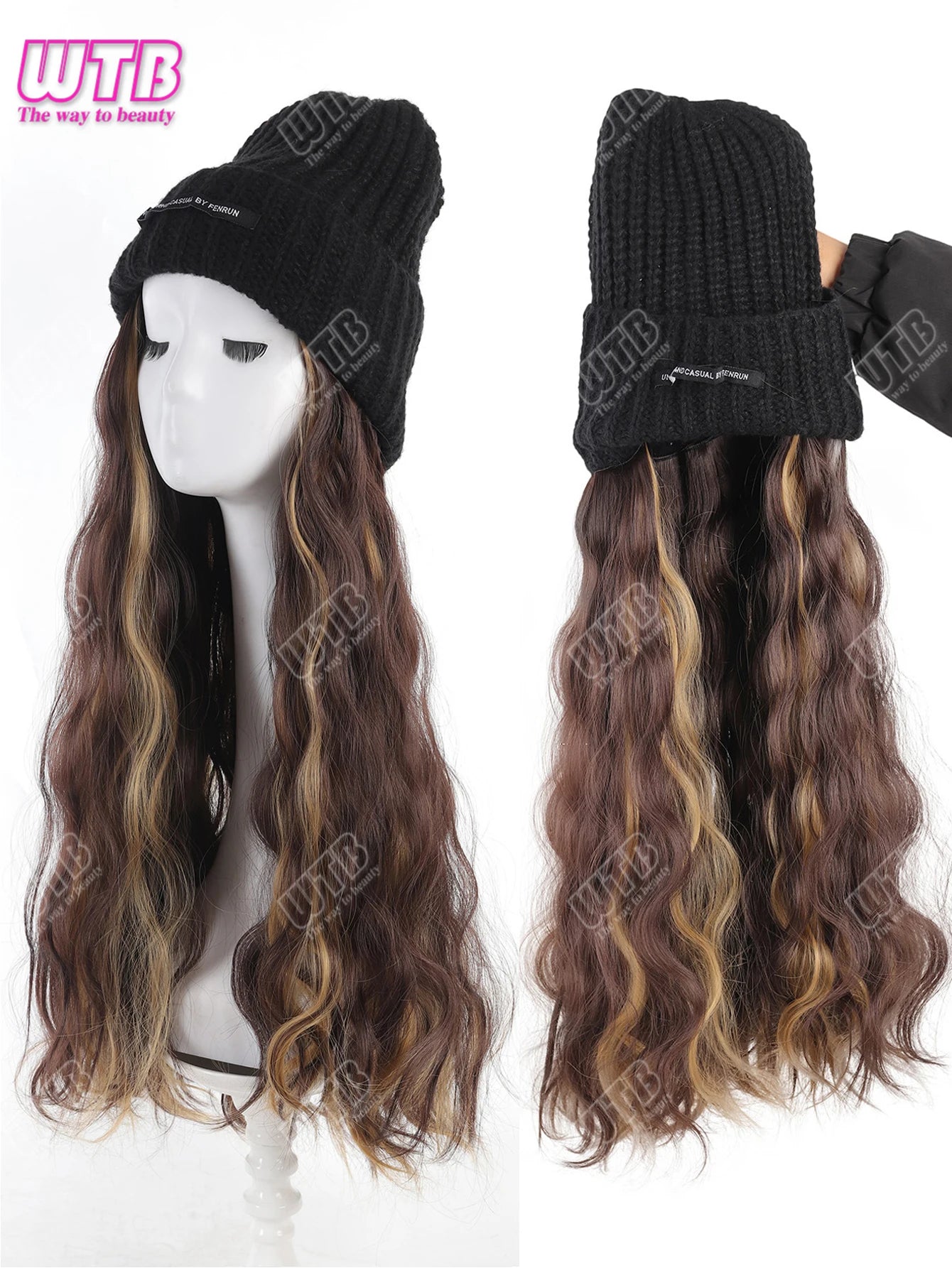 Synthetic Wig Black Hat With Long Curly Hair Extensions; Knitted Hat; Warm Ski Hat For Autumn And Winter