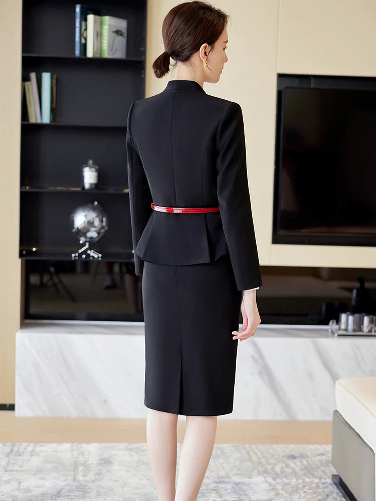 Elegant Women Formal Skirt Suit Ladies Black Purple Pink Long Sleeve V-Neck Female Two Piece Blazer Set