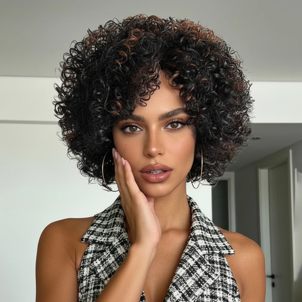 12 Inch Curly Wigs for Women Natural Black Synthetic African American Full Kinky Curly Afro Hair Wig with Bangs