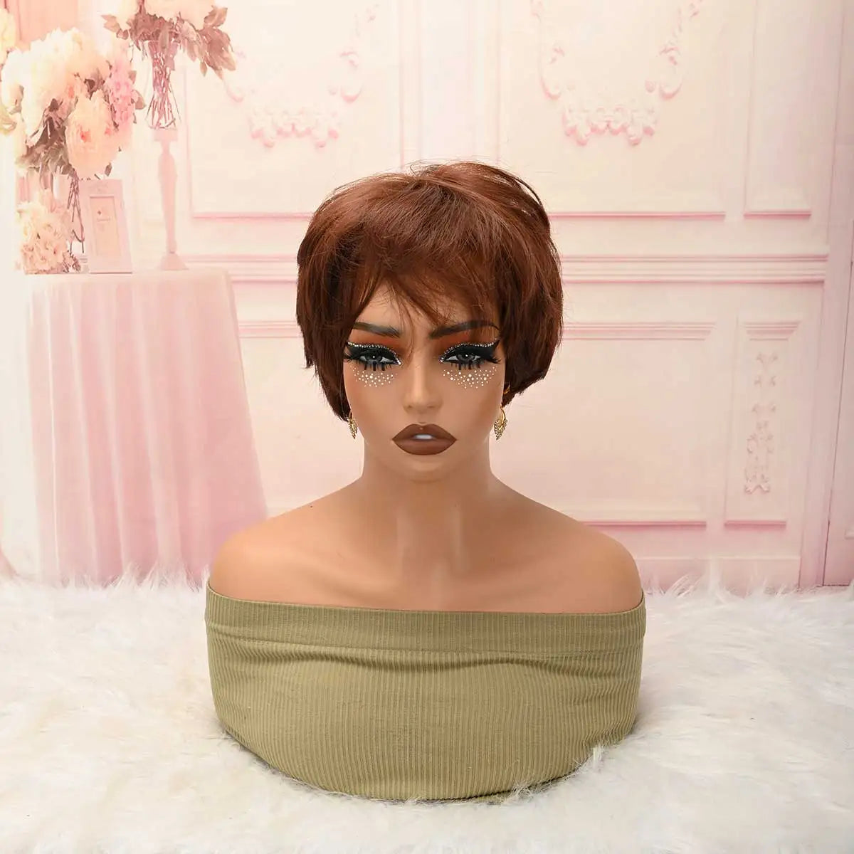 Brown Layered Pixie Short Wig with Side Bangs for Women, Heat‑Resistant Synthetic Glueless Wig Daily Party Fashion Wig