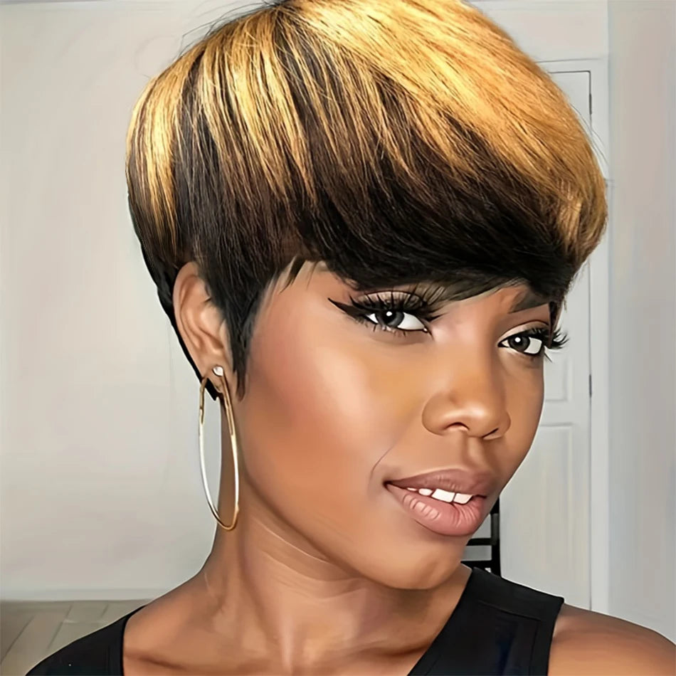 Pixie Cut Wigs for Women Pixie Hair Cut Human Hair Wigs with Brown 1B/30 Color Short Layered Wavy Wigs Machine Made Wig