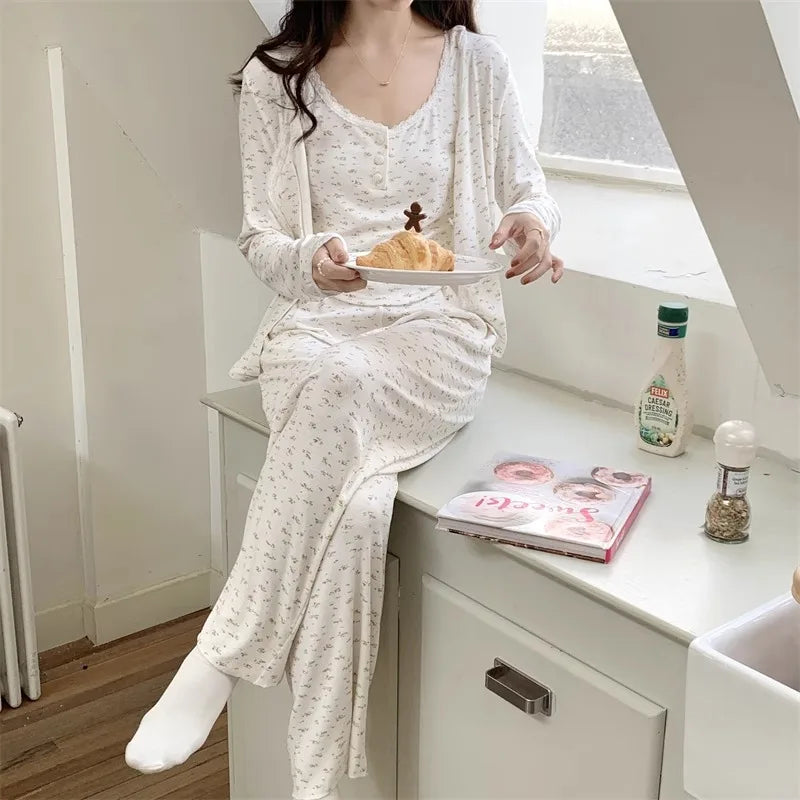 Three-Piece Pajama Set for Women Floral Lace Sweet Cardigan Camisole Homewear Long Sleeves Long Pants Fancy Underwear Ladies