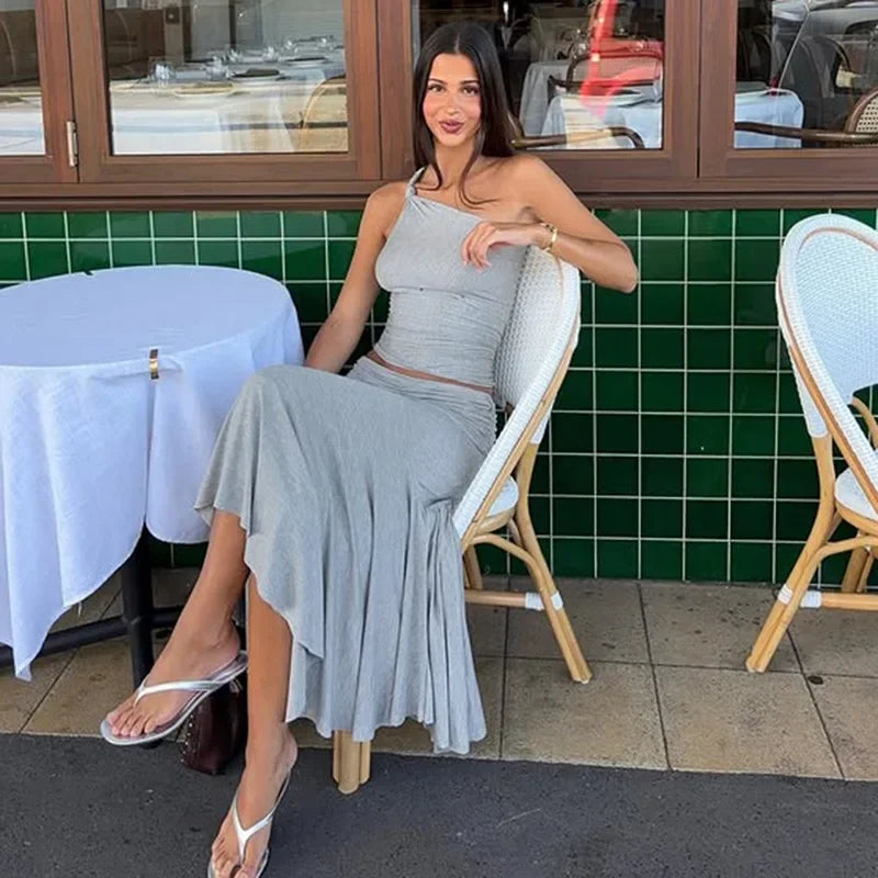 Fashion Pleated 2 Piece-Set Long Skirt For Women Off-Shoulder Cropped Pullover Top And Slim Long Skirt Sets Female Outfits