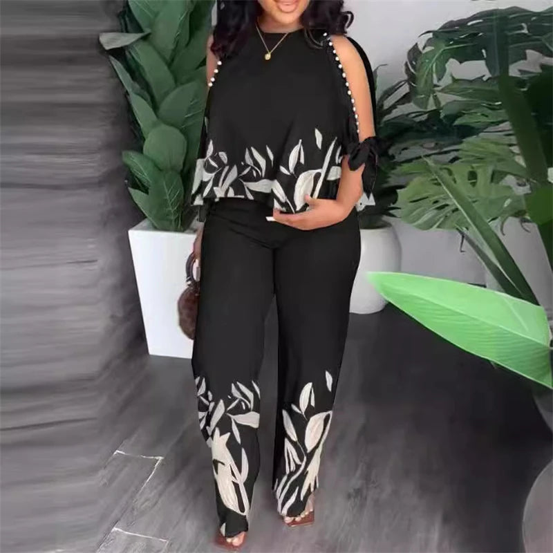 Two Piece Sets Women Outifit Beaded O-Neck Split Sleeve Top & Casual High Waist Straight Leg Pants Set 2023 Summer New Fashion