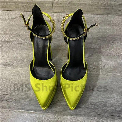 Luxury Women High Heel Shoes Platform Sandals Pointed Toe Woman Silk Pumps Sexy Rhinestone Buckle Chunky Heel Wedding Shoes 2024