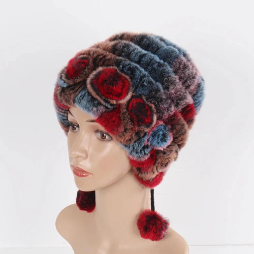 Hot Sale Winter Women Flowers Striped Natural Real Rex Rabbit Fur Hats Lady Warm Knit Genuine Fur Caps Russian Outdoor Fur Hats