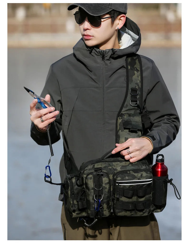 Fishing Tackle Backpack Lure Box Gear Storage Bag Fanny Pack for Men Fly Fishing Backpack with Rod Holder Sling Shoulder Bag