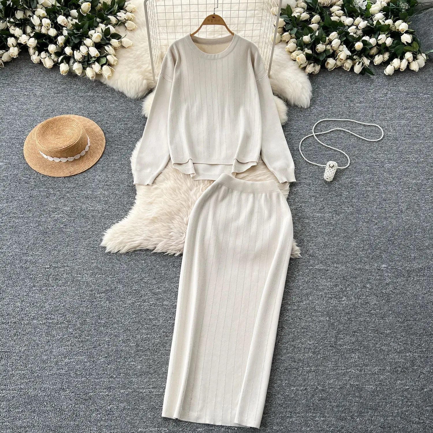 Women Skirt Sets Two Piece Sweater Set Full Sleeve Knit Tops Dress Sets Wrap Hip Skirts Casual Top Diamonds Spliced Autumn 2025