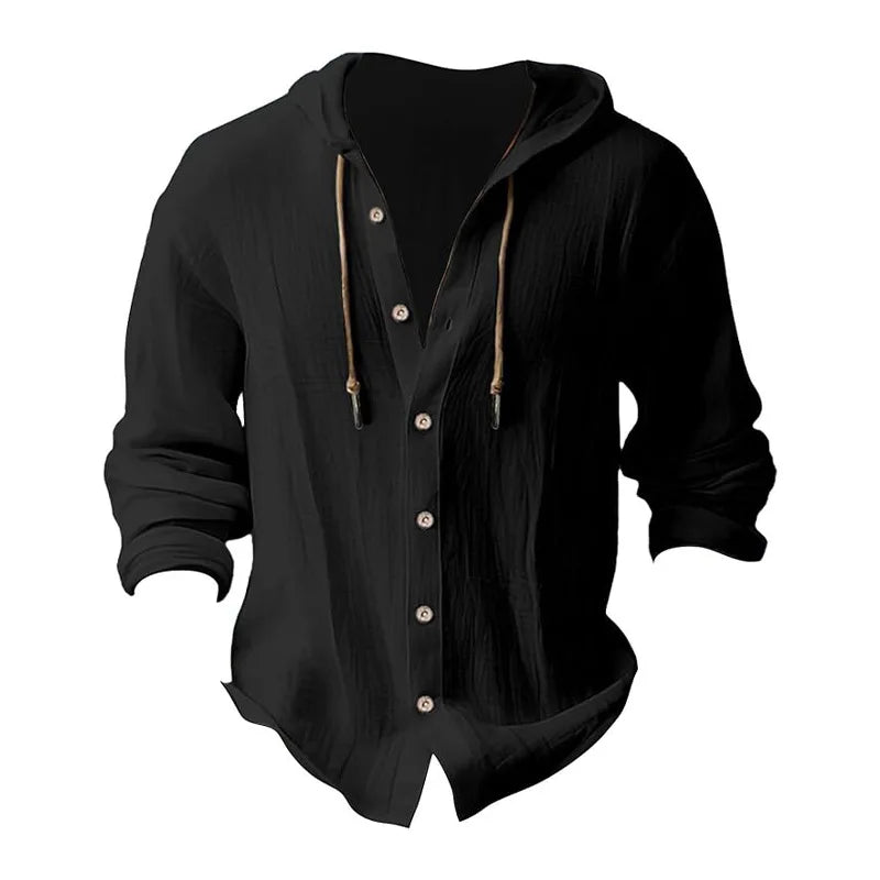 Camisas casuales de playa para hombre, de algodón y lino, con capucha, de manga larga, para hombre, holgada, de color liso, con botones, cárdigan, ropa de calle.