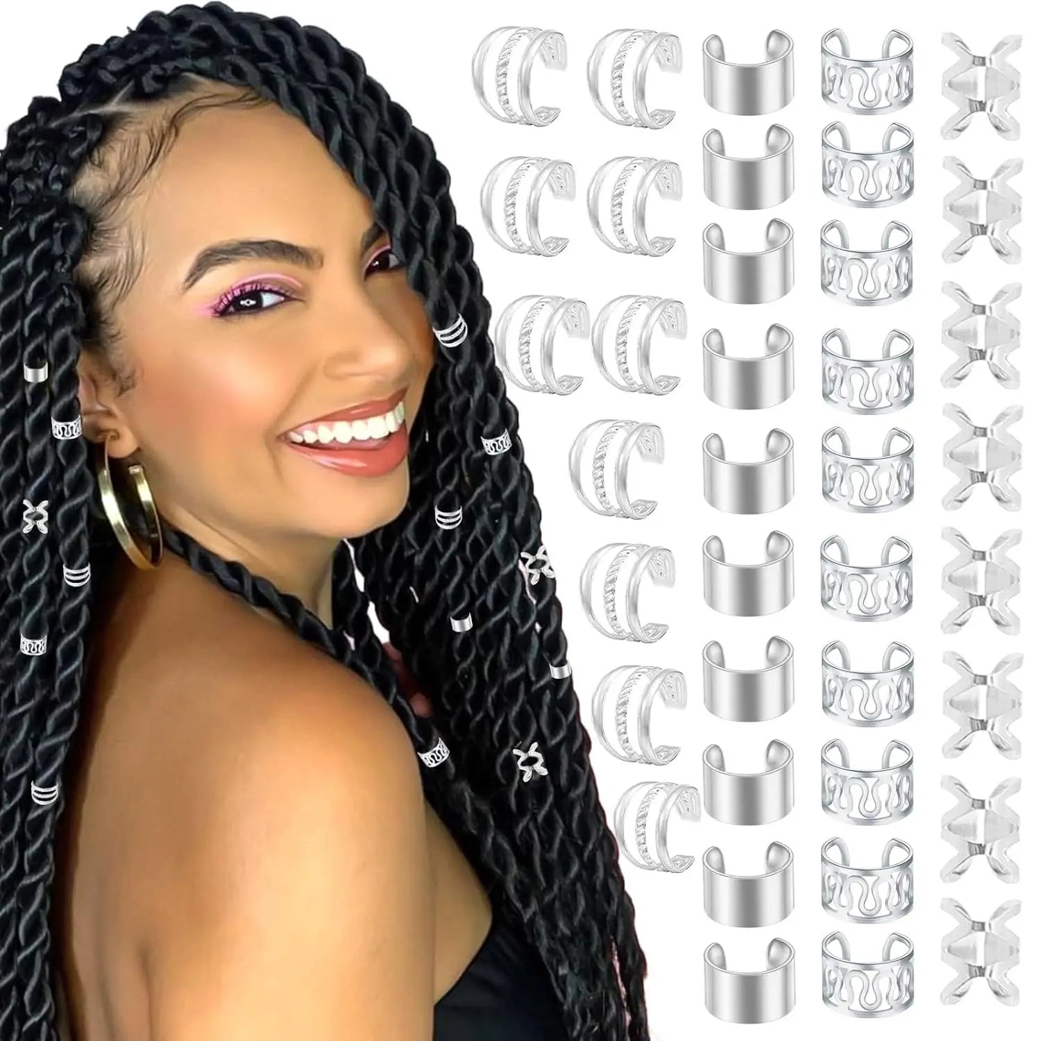 40pcs/set Hair Jewelry for Braids Gold Hair Cuffs Multi Style Rings Adjustable Hair Beads for Braid Dreadlock Accessories
