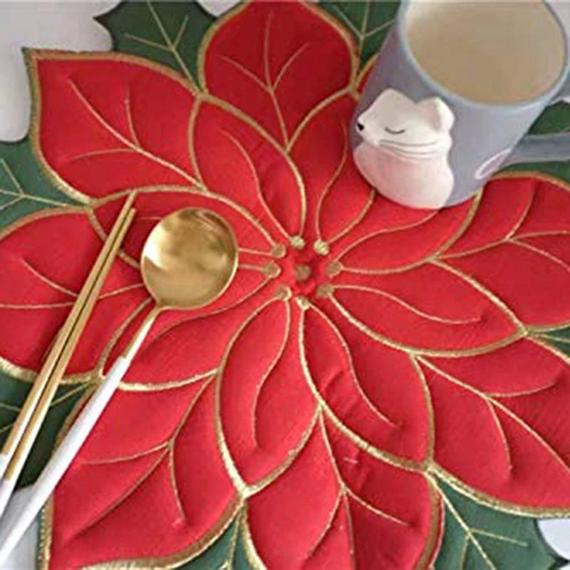 Holiday Christmas Embroidered Placemats Applique Poinsettia Placemats Christmas Flower Placemat For Table Decoration