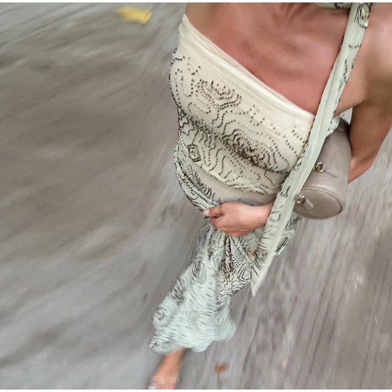 Chic Beaded Women's Top Pant Set Sexy Slim Halter Sleeveless Crop Tops See Through Elastic Waist Wide Leg Pants Summer Outfits
