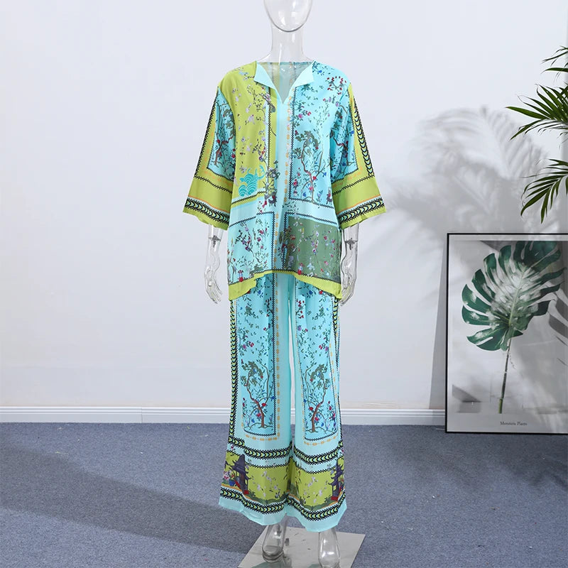 Conjunto de pantalones largos estampados para mujer, elegante camisa de manga larga con cuello en V, pantalón ancho holgado, traje de verano de 2 piezas para mujer, estilo urbano