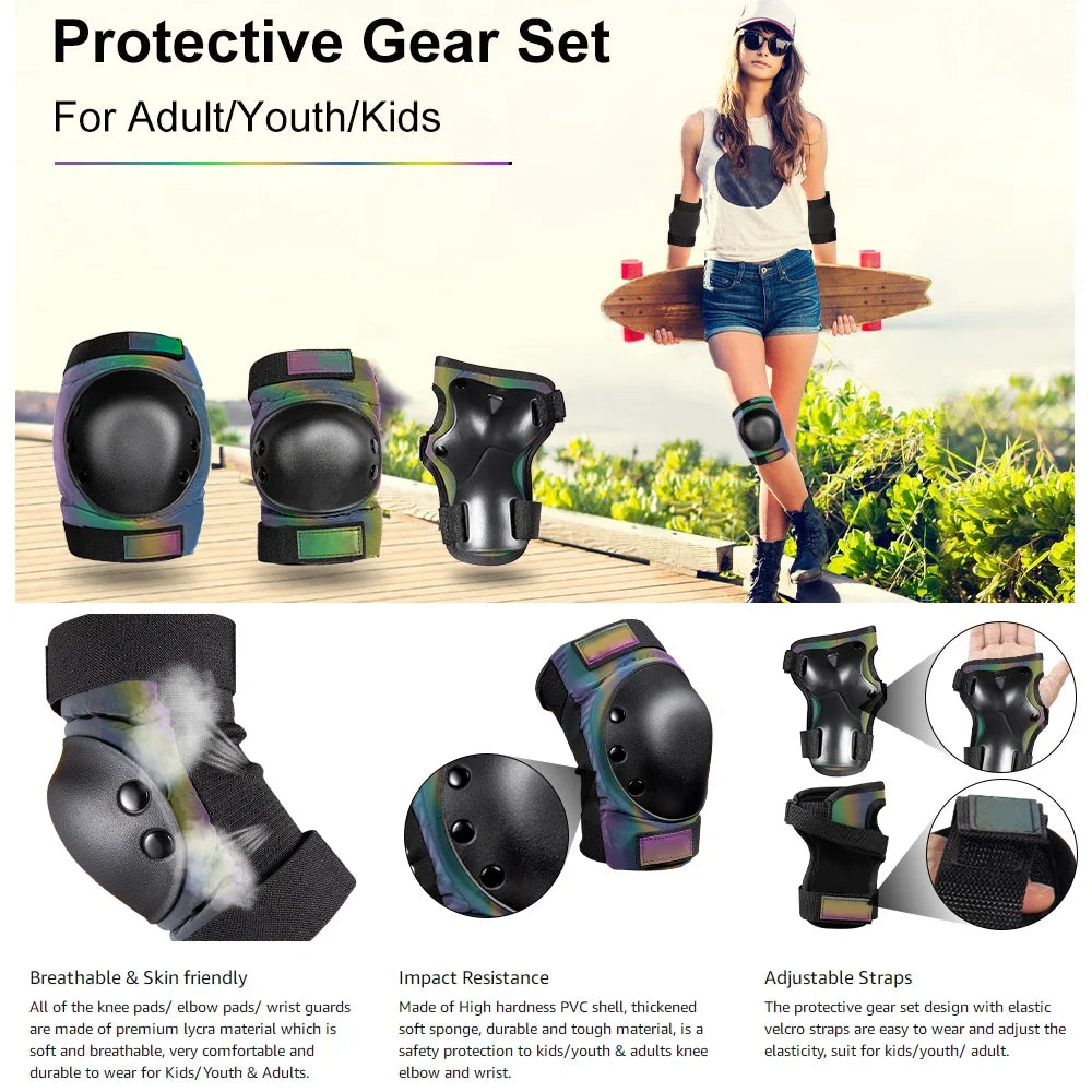 6Pcs/Set Adult/Kids Knee Pad Elbow Pads,Youth Skate Protective Gear Set 3 in 1 Knee & Elbow Pads Wrist Guards for Roller Skates