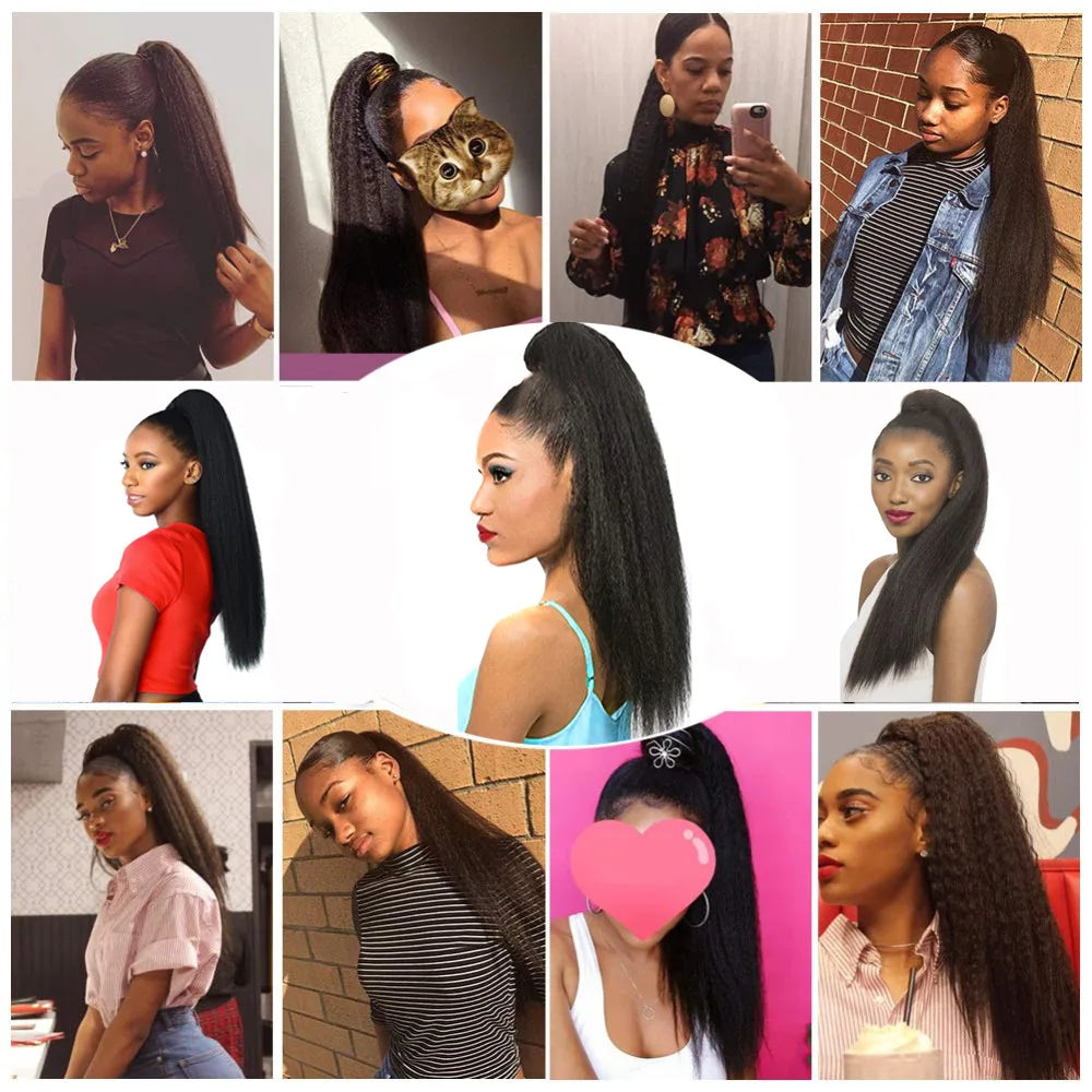Synthetic Ponytail Hair Extension Long Yaki Straight Hair Ponytails With Ring Black Afro Fluffy Woman's Haipieces
