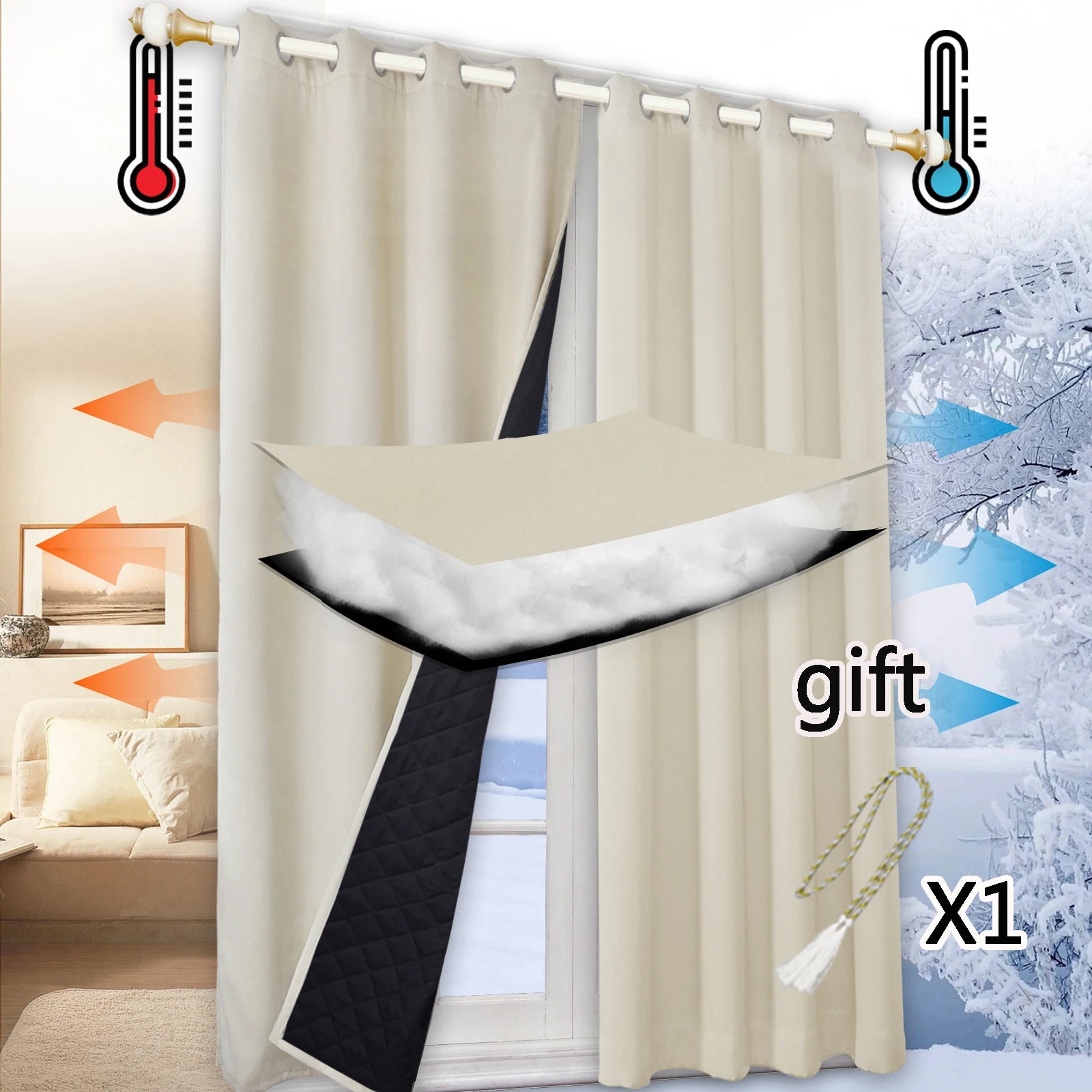 Rideaux en coton épais pour l'hiver - Isolation thermique matelassée, panneaux 100 % occultants et coupe-vent pour occulter la pièce