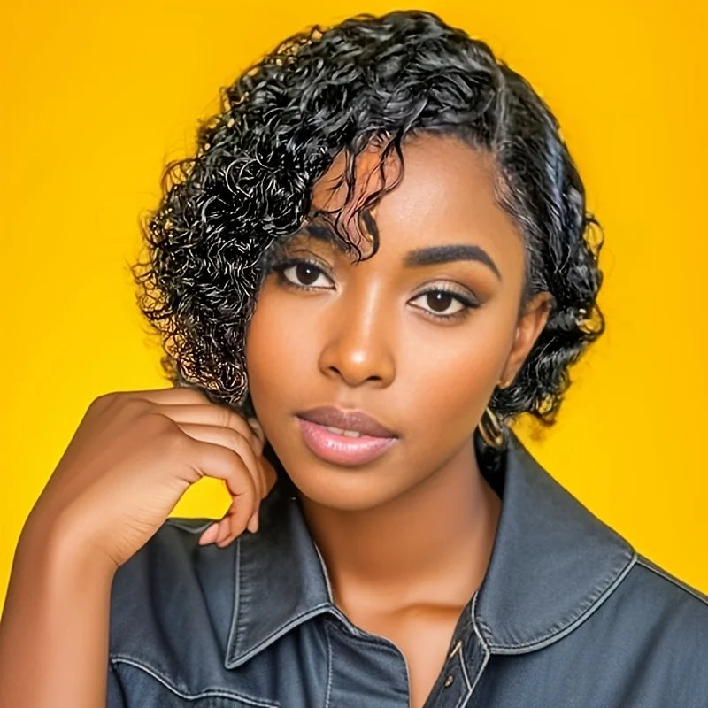 Short Curly Pixie Wig – 150% Density 6-Inch Human Hair with 13x1 T-Part Lace