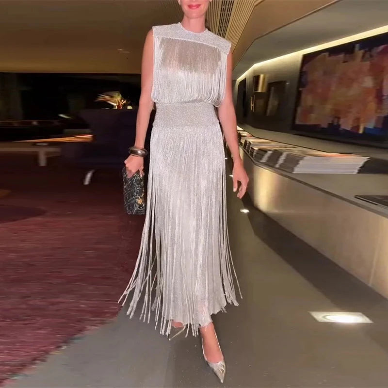 Tassel Skirt Women's 2 Piece Set Elegant Round Neck Sleeveless Zipper Sequin Top A-line Long Skirt Suit Lady 2025 Summer Outfits