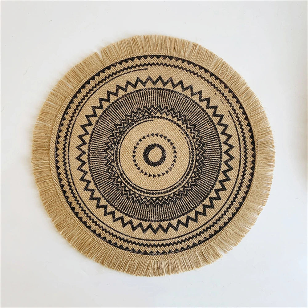 Vintage Pastoral Round Cotton Linen Placemats Handwoven Jute Tassels Placemats Soft Non-slip Table Pads Vase Mats Accessories