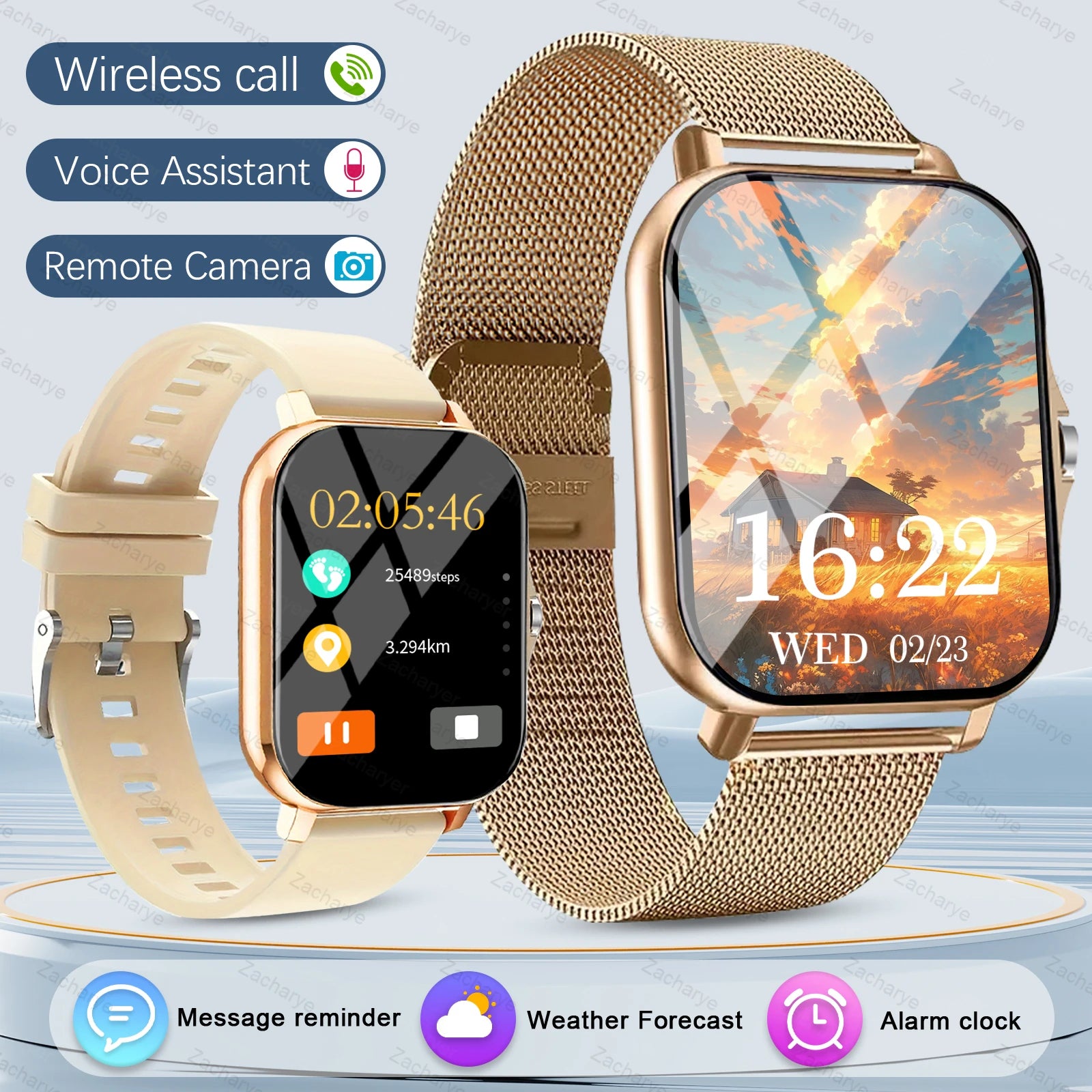 Smart fitness watch, wireless call, multiple exercise modes, SMS alerts, replaceable wallpaper, fitness tracker, outdoor sports