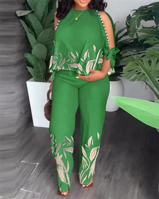 Two Piece Sets Women Outifit Beaded O-Neck Split Sleeve Top & Casual High Waist Straight Leg Pants Set 2023 Summer New Fashion