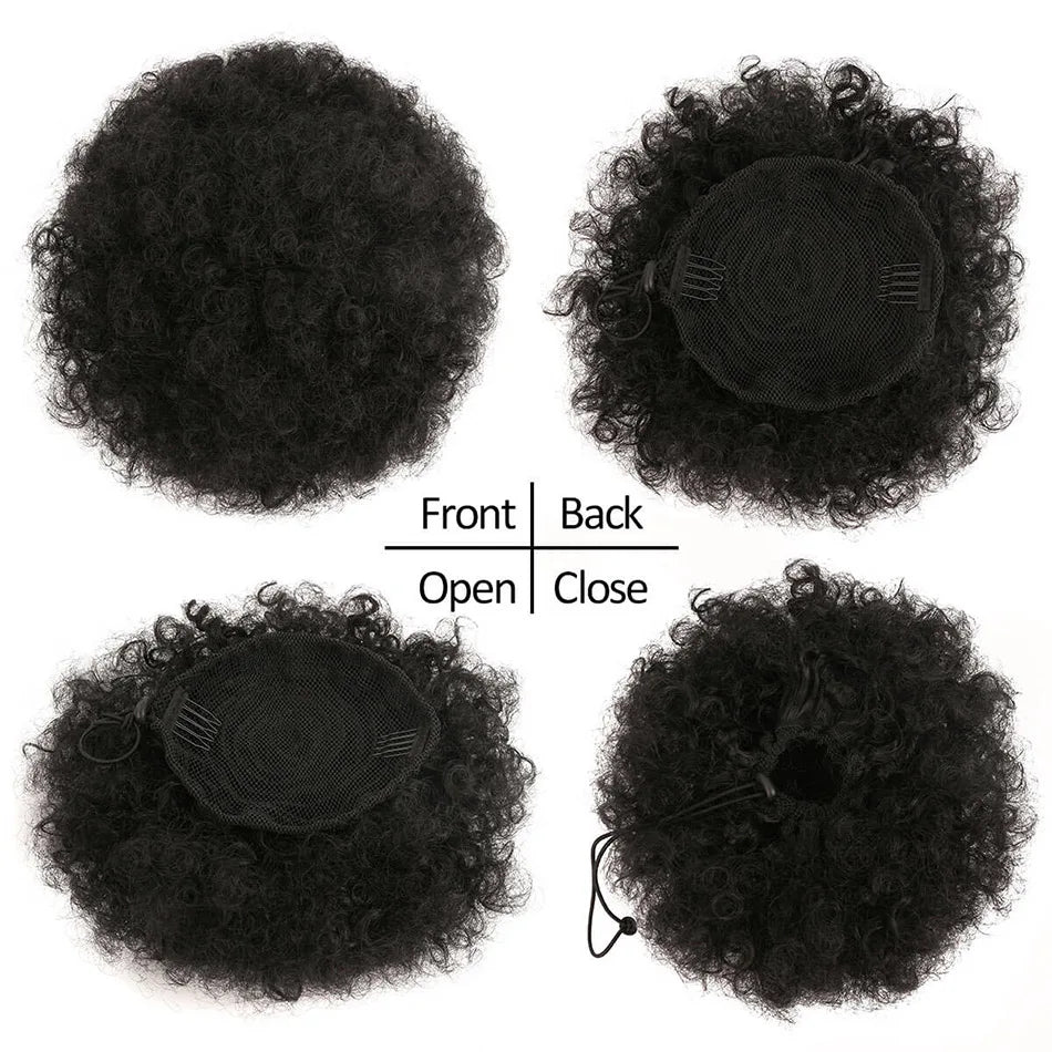 Queue de cheval Afro Puff à cordon, extension de cheveux synthétiques, noire, marron, à clip, queue de cheval frisée crépue à cordon.