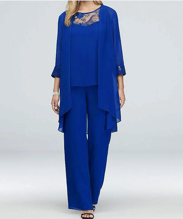 Women's Elegant Pant Sets Formal Office Ladies Oversized Chiffon Lace Suits Straight Pant Cardigan Tops 3 Pieces Sets Woman