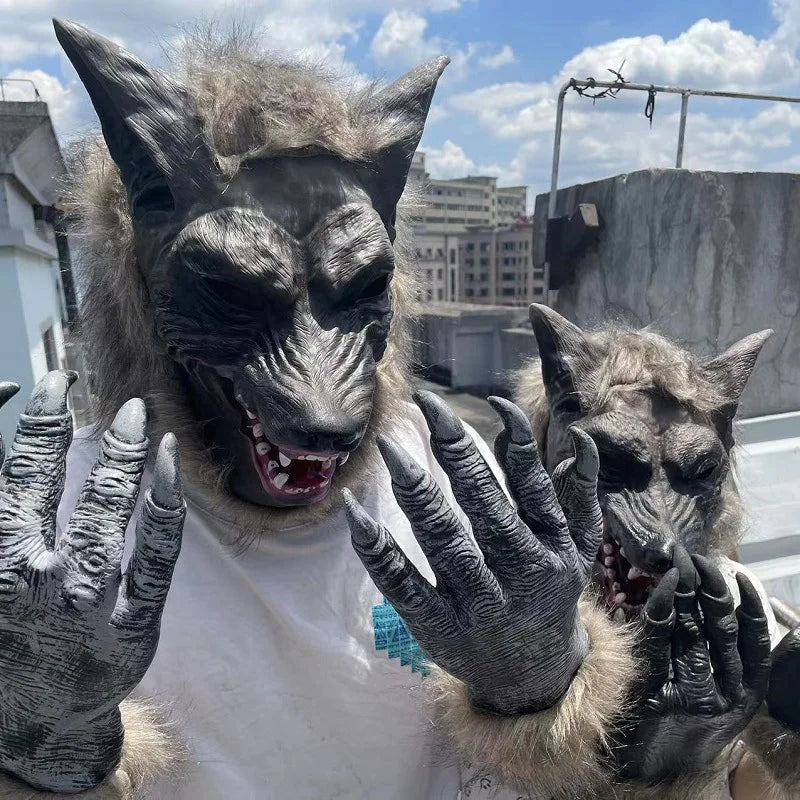 Halloween Wolf Head Mask Animal Gloves Cosplay Outfits Masquerade Funny  Headwear for Carnival Party Men Women