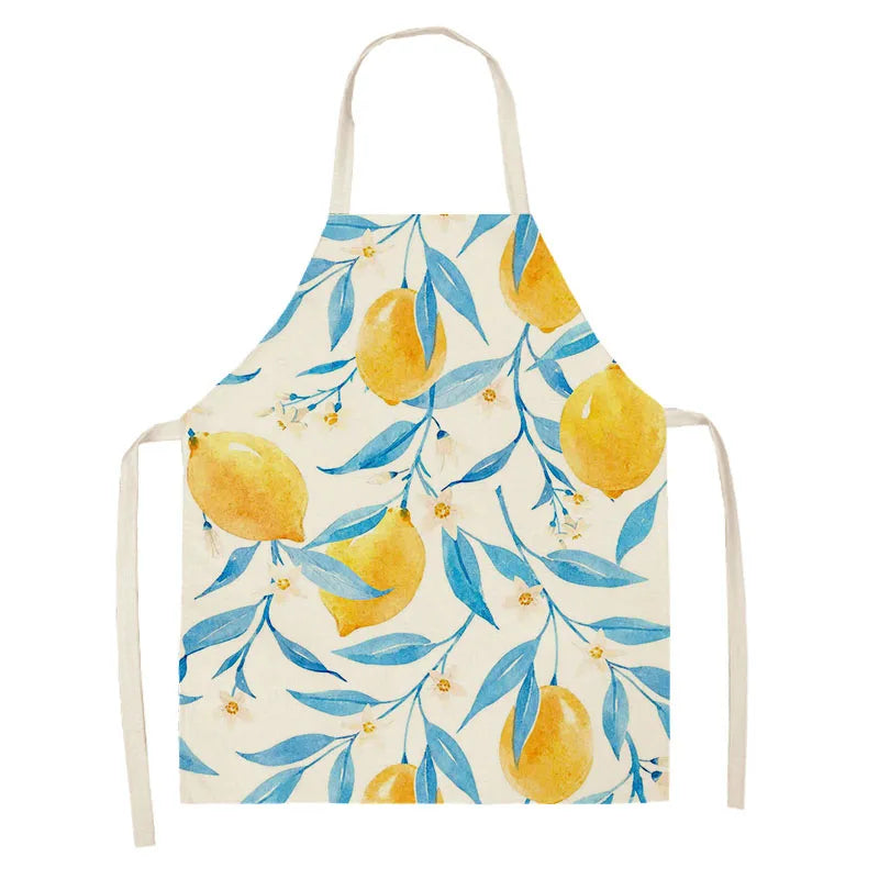 Delantal de cocina para mujer, para cocinar, limpieza del hogar, algodón, lino, estampado de frutas y limón, diseño característico