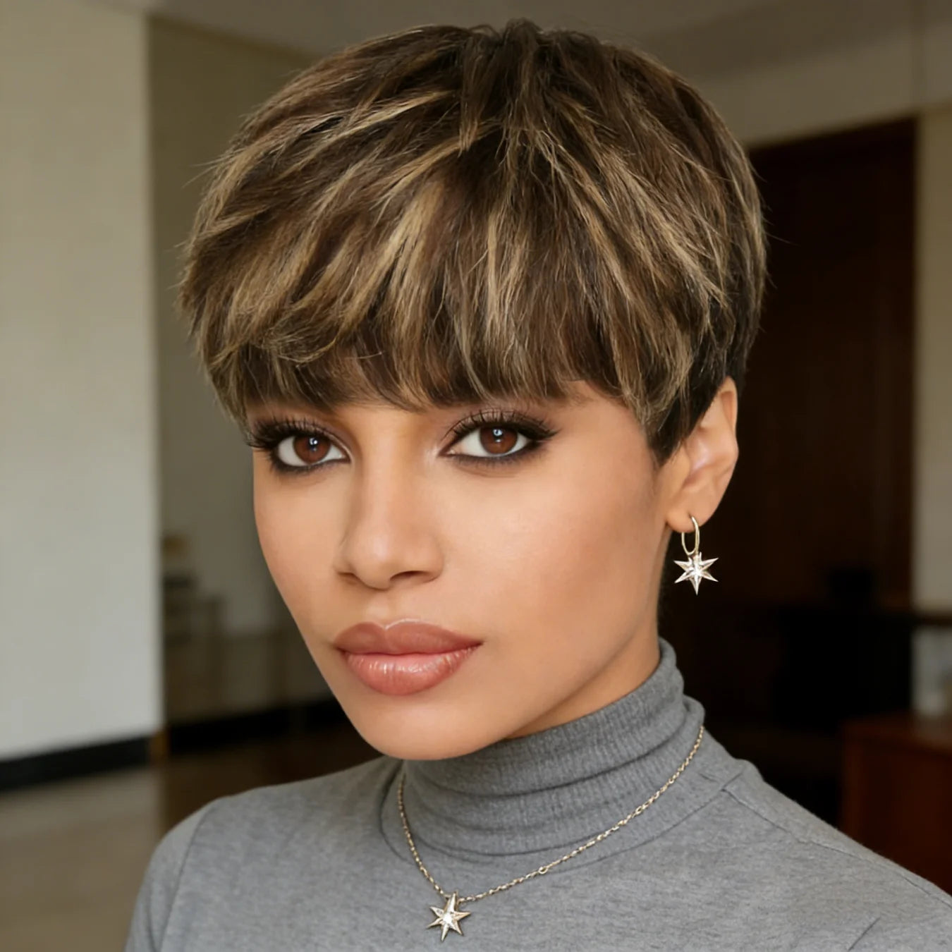 P4/27 Mixed Brown Highlight Pixie Cut Wig Human Hair for Women Short Straight with Bangs 180% Density Natural Look Versatile St
