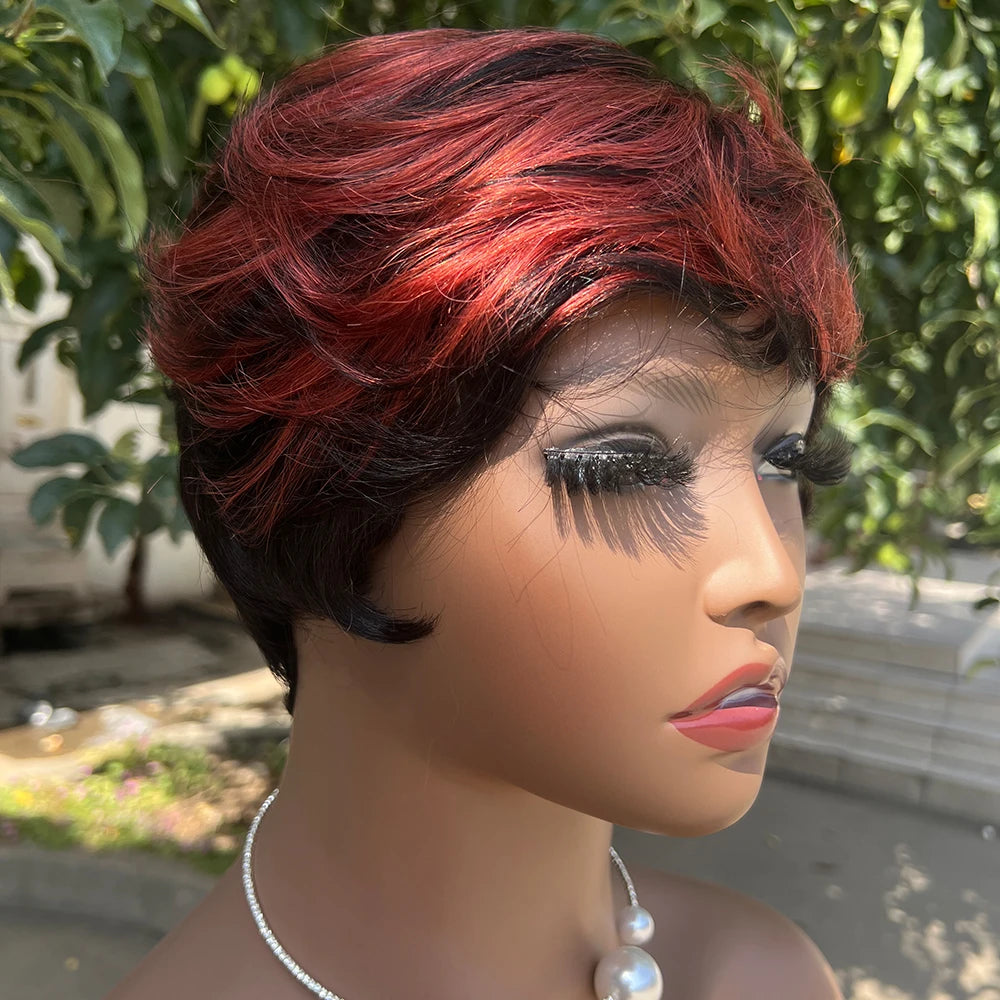 Pelucas de Cabello Humano Peluca Corta Pixie de Cabello Humano para Mujeres Negras Pelucas Hechas a Máquina con Flequillo Peluca Pixie Perruque Cheveux Humain