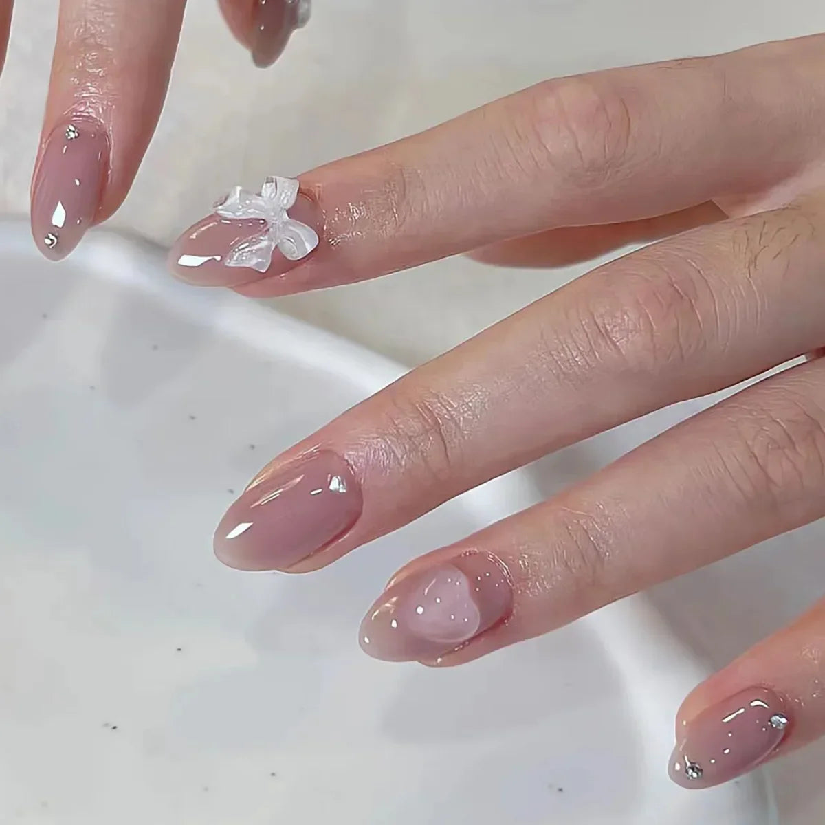 24Pcs Almond Press-On Nails in Pink Cat Eye with Heart & Strawberry Designs – Glossy Acrylic Stick-On Nails for Women & Girls