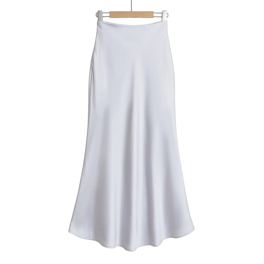 Elegant Satin Midi Slip Skirt with Side Zipper – Smooth & Flowing Fit for Versatile Styling