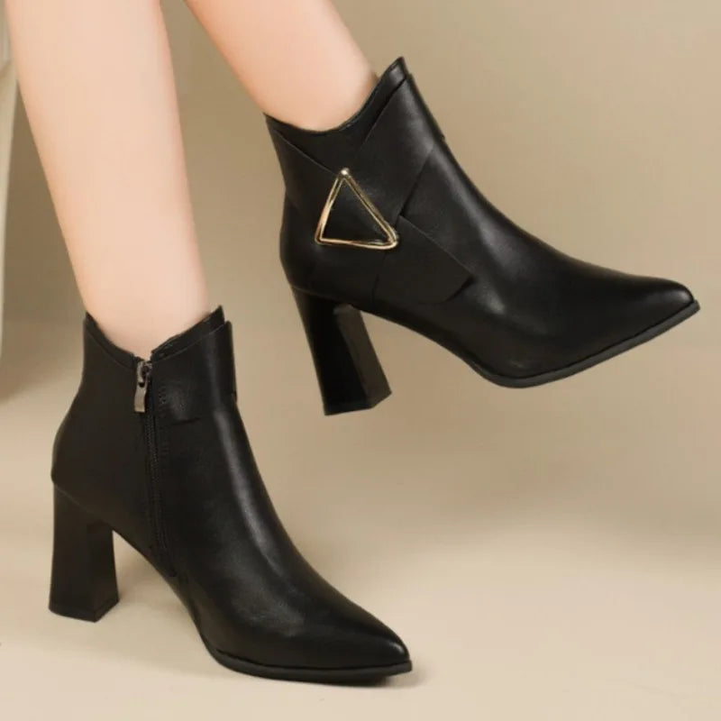 Women's High Heeled Bare Boots Fashionable Mid-heel Casual Chelsea Boots Winter New Women's Back Zipper Botines De Muje