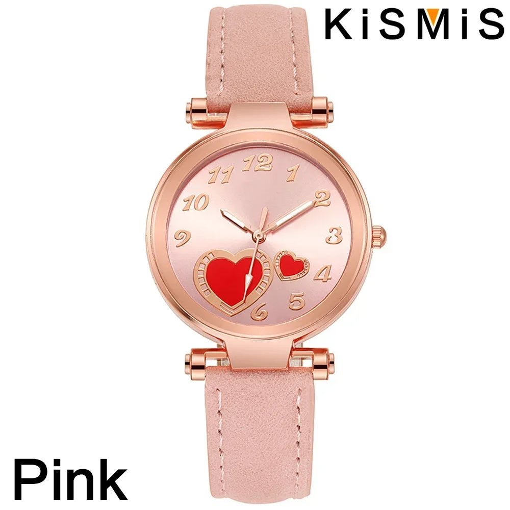 Women Fashion Watch Peach Heart Quartz Watch for Women Frosted Leather Strap Ladies Wristwatch Casual Dress Watch Gift for Her