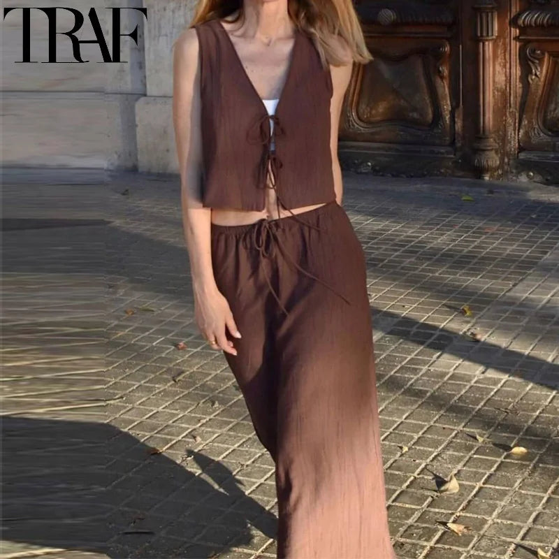 TRAF Skirt Two Piece Set Tied Sleeveless Vest Top High Waist Women's Midi Skirt Summer Waistcoat Long Skirt And Top Set Women