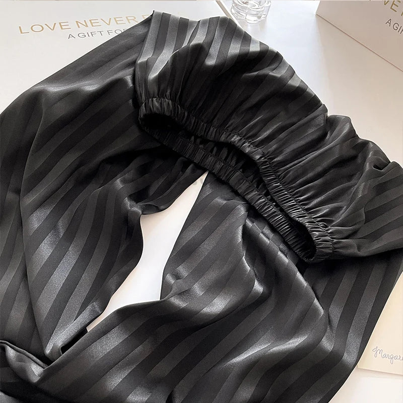 Women's Striped Pajamas Set Satin Long Sleeved Lapel Shirts Nightwear Sexy Lingerie Home Clothes Loose Sleepwear Loungewear