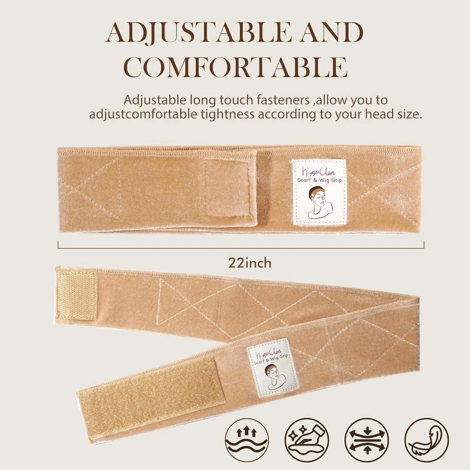 Wig Grip Band for Women, Beige Velvet Wig Headband with Adjustable Magic Tape, Non-Slip Wig Hold Band for Securing Wigs & Hat