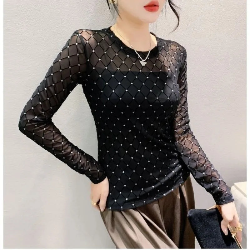 Women Clothing Spring Autumn Korean Fashion Sexy See Through Mesh Rhinestone Basic T Shirt Elegant O Neck Long Sleeve Slim Tops