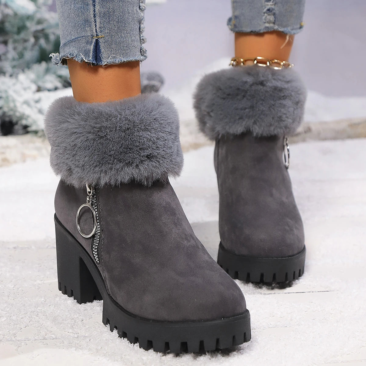 Women's Boots Winter for Ankle Rubber Outsole Warm Cotton Leather Fur Integrated Boots Botas Mujer Platform Ankle Boots Elegant