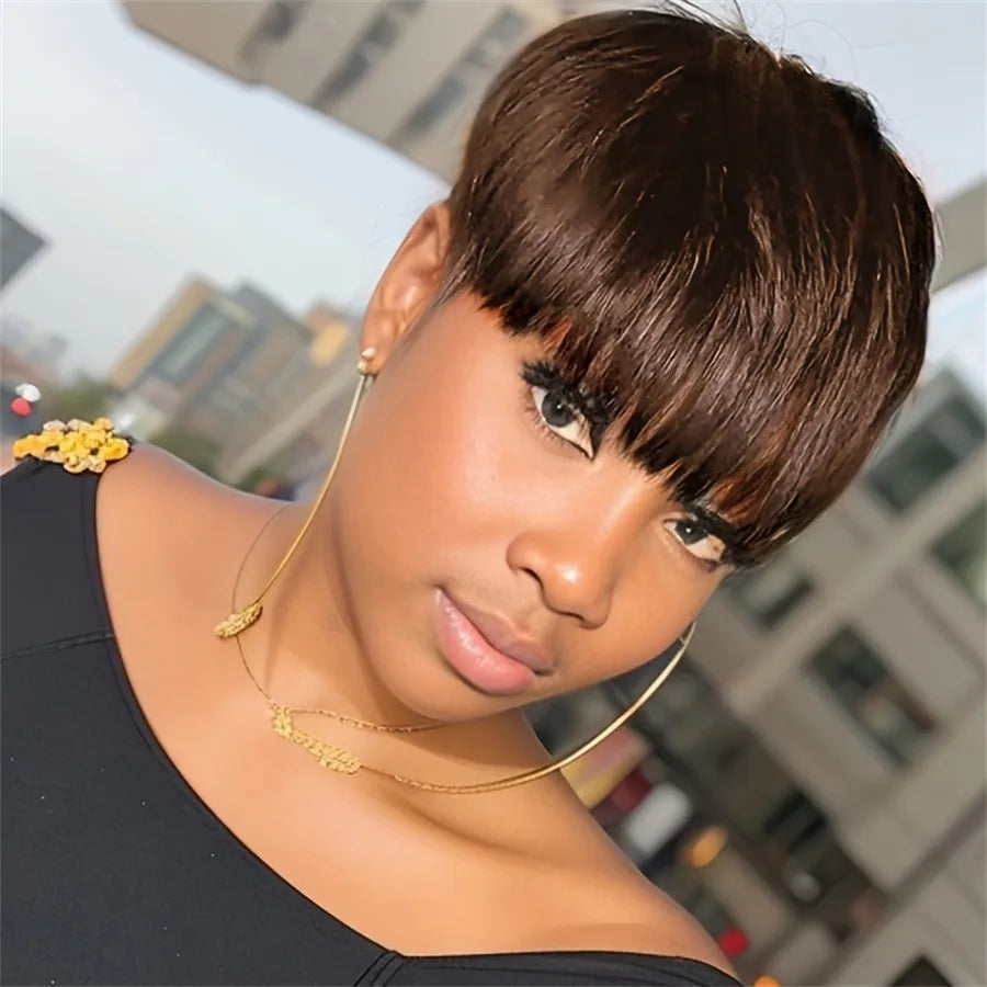 Peluca de pelo Remy de 6 pulgadas con densidad del 150%, color negro natural/99j/castaño, hecha a máquina, corte pixie, corta, lisa, de cabello humano para mujer