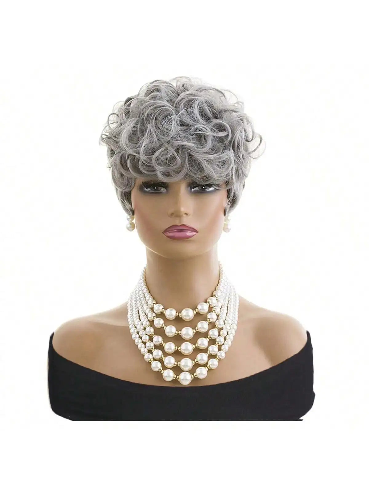 Short Pixie Cut Wig with Bangs for Black Women, Fluffy Curly Wig, Natural Wavy synthetic Wigs, Grey