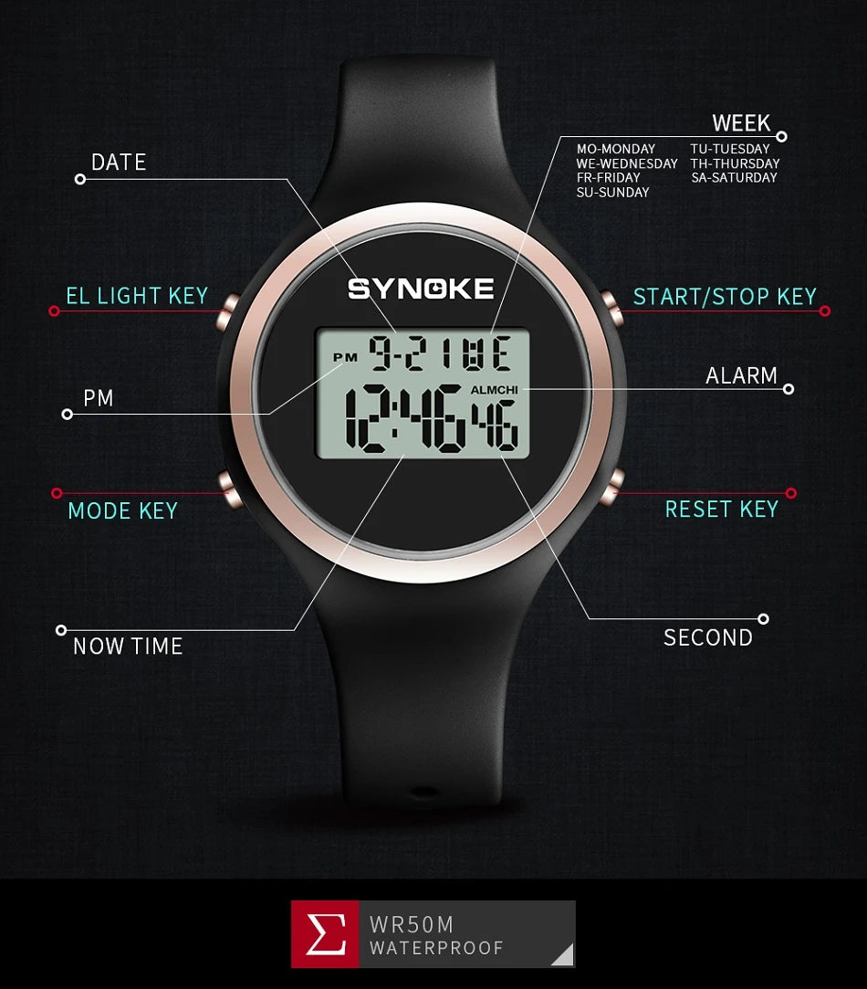 SYNOKE Women's Watch Digital Women Dress 50M Waterproof Stopwatch Sports Luminous Multifunction LED Electronic Wrist Watch Lady