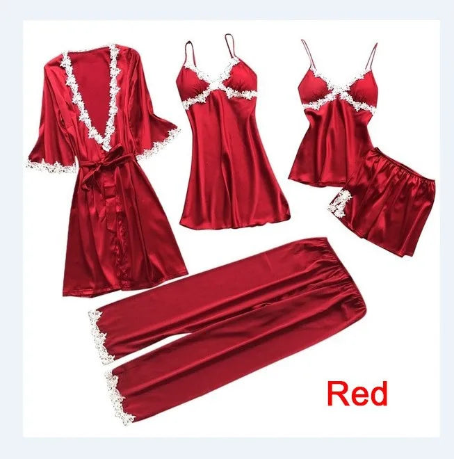Pajamas Five Piece Set Sexy Lace Trim Nightgown Nightwear Spring Summer Women Bath Robe Loose Satin Home Wear Pijamas Suit