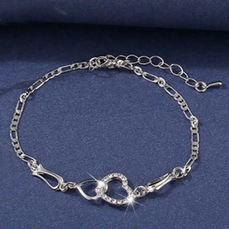 Women's Fashion Double Heart Jewelry Set Girls Delicate Necklace Earrings Bracelet Trendy Accessories Anniversary Wedding Gift