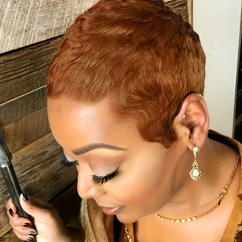 Short Pixie Cut Human Hair Wigs for Women Short Wigs Human Brazilian Hair Light Brown  Wig #30 Natural Look Machine Made Wig