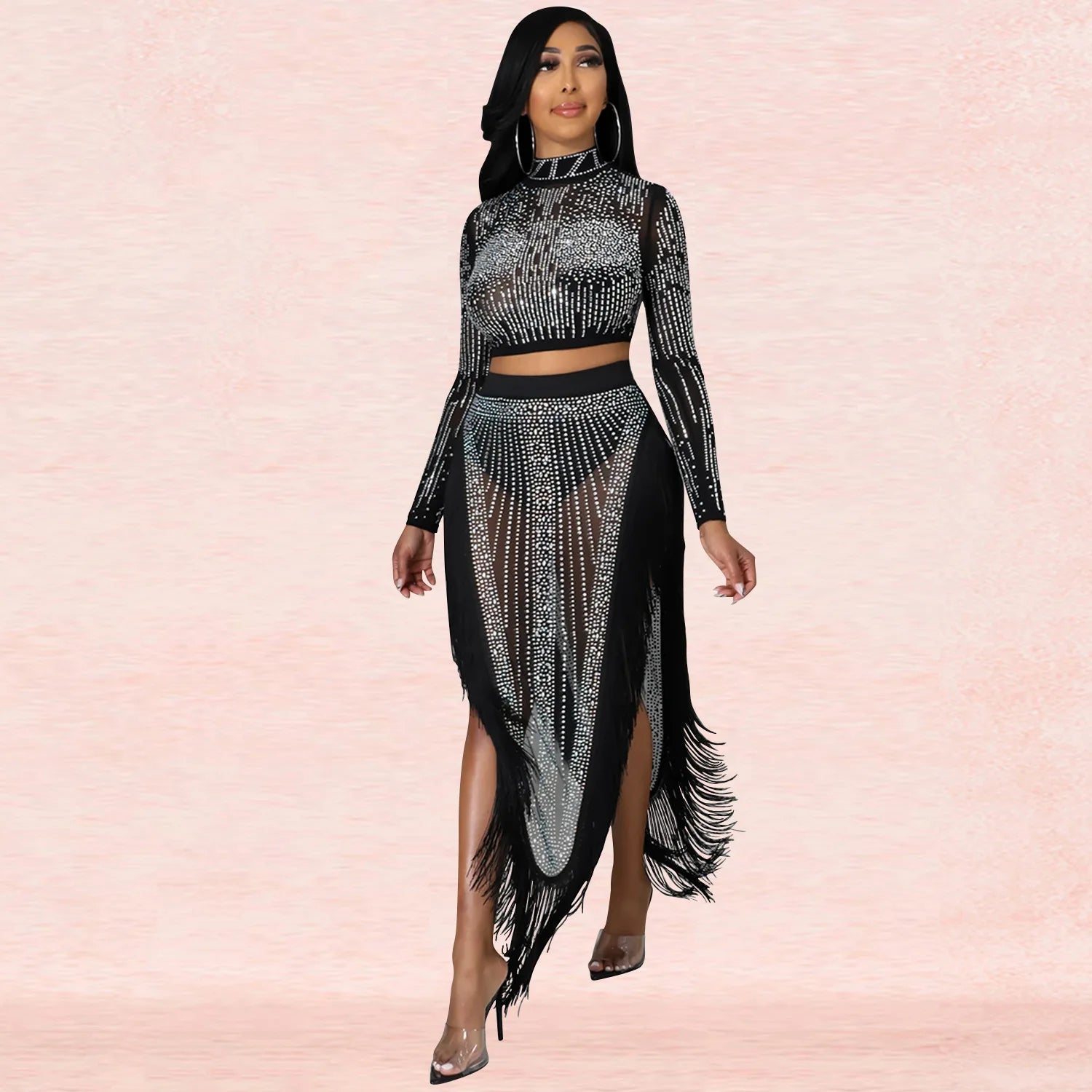 Skirt Set Women Two Piece Sets Dress Sets Mock Neck Matching Set Diamond Short Tops Party High Waist Long Skirts Sexy Hot Tassel