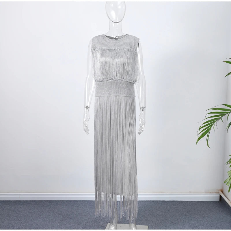 Tassel Skirt Women's 2 Piece Set Elegant Round Neck Sleeveless Zipper Sequin Top A-line Long Skirt Suit Lady 2025 Summer Outfits