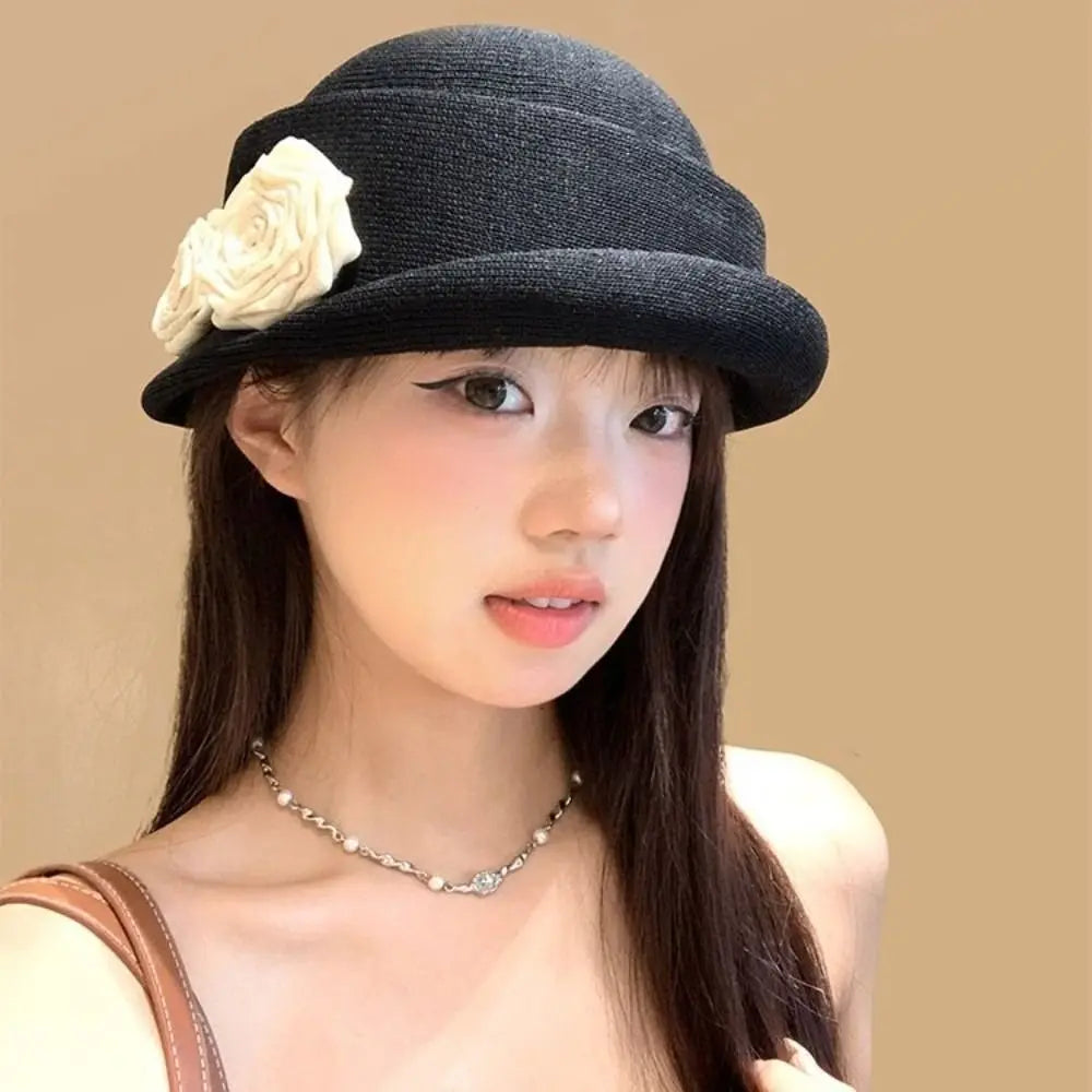 Vintage French Style Camellia Flower Cap Curl Brim Hepburn Floral Bowler Hat Elegant British Women's Formal hat Lady