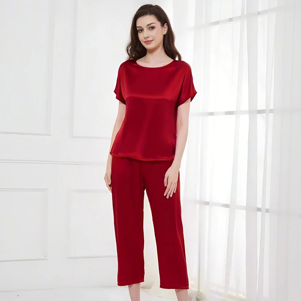 Pajama Set for Women 2 Piece Capri Pants Short Sleeve Top 19 Momme Mulberry Silk Sleepwear Pjs Loungewear M-3XL
